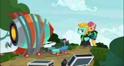 Size: 1740x933 | Tagged: safe, screencap, character:lightning dust, character:scootaloo, species:pegasus, species:pony, episode:the washouts, g4, my little pony: friendship is magic, clothing, duo, female, filly, helmet, mare, pint-sized dynamite, rocket, uniform, washouts uniform