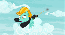 Size: 2923x1573 | Tagged: safe, screencap, character:lightning dust, species:pegasus, species:pony, episode:the washouts, g4, my little pony: friendship is magic, clothing, cloud, female, flying, mare, rope, sky, smoke, solo, uniform, washouts uniform, wings