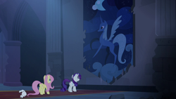 Size: 1280x720 | Tagged: safe, screencap, character:angel bunny, character:fluttershy, character:princess luna, character:rarity, species:alicorn, species:pegasus, species:pony, species:unicorn, episode:castle mane-ia, g4, my little pony: friendship is magic, banner, castle of the royal pony sisters, dark, female, mare, night