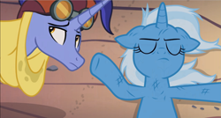 Size: 1735x932 | Tagged: safe, screencap, character:hoo'far, character:trixie, species:pony, species:unicorn, episode:on the road to friendship, duo, eyeroll, eyes closed, female, floppy ears, male, mare, on back, saddle arabian, stallion