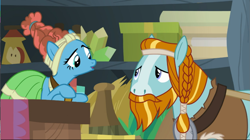 Size: 1575x884 | Tagged: safe, screencap, character:meadowbrook, character:rockhoof, species:earth pony, species:pony, episode:a rockhoof and a hard place, g4, my little pony: friendship is magic, beard, braid, duo, facial hair, female, male, mare, moustache, raised eyebrow, rockhoof's shovel, stallion