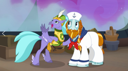Size: 1573x883 | Tagged: safe, screencap, character:rockhoof, character:seaspray, species:classical hippogriff, species:earth pony, species:hippogriff, species:pony, episode:a rockhoof and a hard place, g4, my little pony: friendship is magic, beard, braid, clothing, duo, facial hair, feathered fetlocks, male, moustache, open mouth, sailor hat, sailor uniform, stallion, uniform