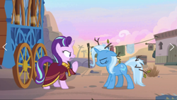 Size: 1568x886 | Tagged: safe, screencap, character:starlight glimmer, character:trixie, species:pony, species:unicorn, episode:on the road to friendship, angry, clothing, duo, duo female, female, hoo'far's wagon, mare, messy mane, robe, tree branch