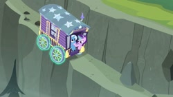 Size: 1280x720 | Tagged: safe, screencap, character:starlight glimmer, character:trixie, species:pony, species:unicorn, episode:on the road to friendship, cliff, duo, duo female, female, ghastly gorge, magic, mare, telekinesis, trixie's wagon, wagon