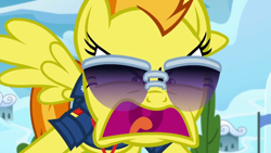 Size: 1920x1080 | Tagged: safe, screencap, character:spitfire, species:pegasus, species:pony, episode:the washouts, g4, my little pony: friendship is magic, angry, faec, female, mare, rage, solo, sunglasses, wings, yelling