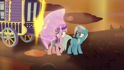 Size: 1280x720 | Tagged: safe, screencap, character:starlight glimmer, character:trixie, species:pony, species:unicorn, episode:on the road to friendship, barrier, duo, duo female, female, fire, fire swamp, flame geyser, magic, mare, swamp, tongue out, trixie's wagon