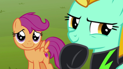 Size: 1280x720 | Tagged: safe, screencap, character:lightning dust, character:scootaloo, species:pegasus, species:pony, episode:the washouts, g4, my little pony: friendship is magic, chin stroke, clothing, cute, duo, female, filly, mare, uniform, washouts uniform
