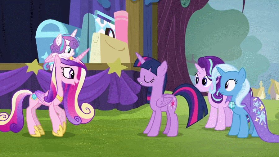 Size: 899x506 | Tagged: safe, screencap, character:princess cadance, character:princess flurry heart, character:starlight glimmer, character:trixie, character:twilight sparkle, character:twilight sparkle (alicorn), species:alicorn, species:pony, species:unicorn, episode:on the road to friendship, animated, aunt and niece, awkward, baby, baby pony, butt shake, concerned, female, hoof shoes, mare, mother and daughter, nope, sunshine sunshine, trixie's wagon