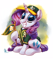 Size: 2500x2800 | Tagged: safe, artist:whitediamonds, character:rarity, species:pony, species:unicorn, baseball, baseball cap, button-up shirt, cap, clothing, cute, eye black (makeup), eyeshadow, face paint, female, flag, grin, hat, hoof hold, looking at you, makeup, mare, mlb, oakland athletics, raribetes, shirt, sitting, smiling, solo, sports