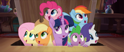 Size: 1920x808 | Tagged: safe, screencap, character:applejack, character:fluttershy, character:pinkie pie, character:rainbow dash, character:rarity, character:spike, character:twilight sparkle, character:twilight sparkle (alicorn), species:alicorn, species:dragon, species:earth pony, species:pegasus, species:pony, species:unicorn, my little pony: the movie (2017), amazed, happy, mane seven, mane six
