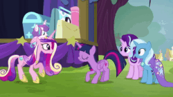 Size: 1280x720 | Tagged: safe, screencap, character:princess cadance, character:princess flurry heart, character:starlight glimmer, character:trixie, character:twilight sparkle, character:twilight sparkle (alicorn), species:alicorn, species:pony, species:unicorn, episode:on the road to friendship, animated, aunt and niece, baby, baby pony, butt shake, female, hoof shoes, mare, mother and daughter, sound, sunshine sunshine, trixie's wagon, webm