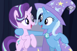 Size: 2453x1612 | Tagged: safe, screencap, character:starlight glimmer, character:trixie, species:pony, species:unicorn, episode:on the road to friendship, best friends, cape, clothing, duo, duo female, eye contact, female, hat, looking at each other, mare, rearing, smiling, trixie's cape, trixie's hat