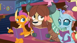 Size: 1065x601 | Tagged: safe, screencap, character:ocellus, character:smolder, character:yona, species:dragon, species:yak, episode:the end in friend, g4, my little pony: friendship is magic, boomerang (tv channel), bow, cloven hooves, confused, dragoness, female, hair bow, notepad, pencil, raised eyebrow, seat, sitting, trio, youtube link