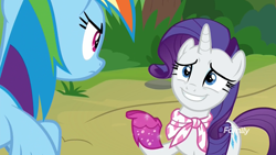 Size: 1920x1080 | Tagged: safe, screencap, character:rainbow dash, character:rarity, species:pegasus, species:pony, species:unicorn, episode:the end in friend, g4, my little pony: friendship is magic, angry, boot, boots, discovery family logo, embarrassed, eye contact, female, glitter boots, looking at each other, mare, neckerchief, shoes, smiling