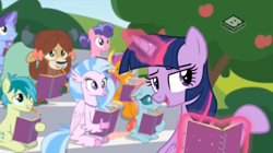 Size: 1066x596 | Tagged: safe, screencap, character:berry blend, character:berry bliss, character:november rain, character:ocellus, character:sandbar, character:silverstream, character:smolder, character:twilight sparkle, character:twilight sparkle (alicorn), character:yona, species:alicorn, species:changeling, species:classical hippogriff, species:dragon, species:earth pony, species:griffon, species:hippogriff, species:pony, species:reformed changeling, species:yak, episode:the end in friend, g4, my little pony: friendship is magic, boomerang (tv channel), bow, cloven hooves, dragoness, female, friendship student, glowing horn, hair bow, jewelry, levitation, magic, male, monkey swings, necklace, notebook, notepad, outdoors, pencil, sitting, student, students, teenager, telekinesis, tree, youtube link