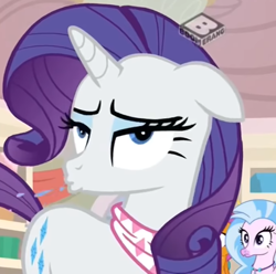 Size: 570x565 | Tagged: safe, screencap, character:rarity, character:silverstream, character:smolder, species:hippogriff, species:pony, species:unicorn, episode:the end in friend, g4, my little pony: friendship is magic, bandana, boomerang (tv channel), cropped, female, horses doing horse things, mare, maturity, neckerchief, nickering, snorting, spit, store
