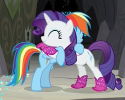 Size: 683x543 | Tagged: safe, screencap, character:rainbow dash, character:rarity, species:pegasus, species:pony, species:unicorn, episode:the end in friend, g4, my little pony: friendship is magic, boots, cropped, cute, dashabetes, eyes closed, female, glitter, glitter boots, hug, mare, neckerchief, raribetes, shoes, sparkles