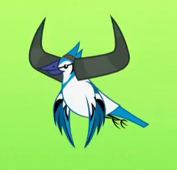 Size: 249x239 | Tagged: safe, screencap, species:bird, episode:party pooped, g4, my little pony: friendship is magic, animal, blue jay, cropped, fake horns, flying, green background, simple background, solo, yak horns