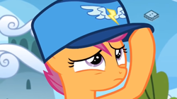 Size: 1366x768 | Tagged: safe, screencap, character:scootaloo, species:pegasus, species:pony, episode:the washouts, g4, my little pony: friendship is magic, boomerang (tv channel), cap, clothing, female, filly, hat, kepi, wonderbolts