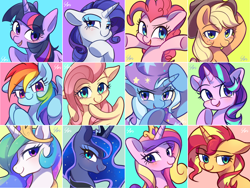 Size: 2400x1800 | Tagged: safe, artist:sion-ara, character:applejack, character:fluttershy, character:pinkie pie, character:princess cadance, character:princess celestia, character:princess luna, character:rainbow dash, character:rarity, character:starlight glimmer, character:sunset shimmer, character:trixie, character:twilight sparkle, character:twilight sparkle (alicorn), species:alicorn, species:earth pony, species:pegasus, species:pony, species:unicorn, clothing, cowboy hat, female, hat, looking at you, mane six, mare, royal sisters, simple background, smiling