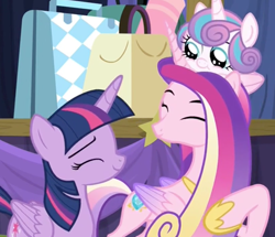 Size: 1638x1408 | Tagged: safe, screencap, character:princess cadance, character:princess flurry heart, character:twilight sparkle, character:twilight sparkle (alicorn), species:alicorn, species:pony, episode:on the road to friendship, baby, baby pony, colored wings, cropped, cute, eyes closed, female, filly, foal, gradient wings, mare, pony hat, smiling, trio