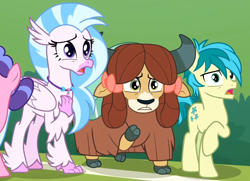 Size: 940x679 | Tagged: safe, screencap, character:sandbar, character:silverstream, character:yona, species:classical hippogriff, species:earth pony, species:hippogriff, species:pony, species:yak, episode:a matter of principals, g4, my little pony: friendship is magic, bow, cloven hooves, female, hair bow, jewelry, male, monkey swings, necklace, raised hoof, shocked, teenager, trio