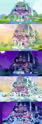 Size: 1360x3936 | Tagged: safe, screencap, episode:a hearth's warming tail, episode:non-compete clause, episode:school daze, g4, my little pony: friendship is magic, architecture, autumn, comparison, day, evening, moon, night, scenery, school of friendship, snow, summer, winter