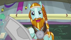 Size: 999x562 | Tagged: safe, screencap, character:rockhoof, species:earth pony, species:pony, episode:a rockhoof and a hard place, g4, my little pony: friendship is magic, beard, braid, chalkboard, facial hair, male, moustache, rockhoof's shovel, school of friendship, shovel, solo, stallion