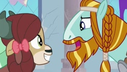 Size: 999x562 | Tagged: safe, screencap, character:rockhoof, character:yona, species:earth pony, species:pony, species:yak, episode:a rockhoof and a hard place, g4, my little pony: friendship is magic, beard, braid, duo, facial hair, female, male, moustache, school of friendship, stallion