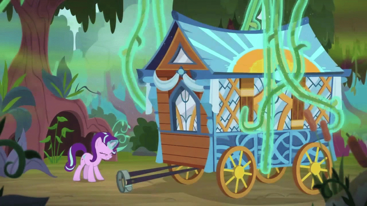 Size: 1280x720 | Tagged: safe, screencap, character:starlight glimmer, species:pony, species:unicorn, episode:on the road to friendship, animated, eyes closed, female, gif, glowing horn, hoo'far's wagon, jungle, levitation, magic, magic aura, mare, solo, swamp, telekinesis, wagon