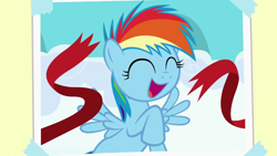 Size: 1280x720 | Tagged: safe, screencap, character:rainbow dash, species:pegasus, species:pony, episode:parental glideance, g4, my little pony: friendship is magic, cheerful, cute, dashabetes, eyes closed, female, filly, filly rainbow dash, finish line, flying, foal, messy mane, multicolored hair, open mouth, photo, photo album, raised hoof, smiling, spread wings, wings, winning, younger