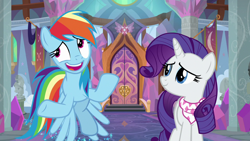 Size: 1280x720 | Tagged: safe, screencap, character:rainbow dash, character:rarity, species:pegasus, species:pony, species:unicorn, episode:the end in friend, g4, my little pony: friendship is magic, door, duo, female, mare, neckerchief, school of friendship