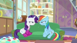 Size: 1920x1080 | Tagged: safe, screencap, character:rainbow dash, character:rarity, species:pegasus, species:pony, species:unicorn, episode:the end in friend, g4, my little pony: friendship is magic, angry, boots, couch, duo, female, glitter boots, looking at each other, mare, neckerchief, shoes, starlight's office