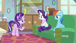 Size: 1920x1080 | Tagged: safe, screencap, character:rainbow dash, character:rarity, character:starlight glimmer, species:pegasus, species:pony, species:unicorn, episode:the end in friend, g4, my little pony: friendship is magic, bandana, boomerang (tv channel), boots, clothing, couch, female, glitter boots, mare, shoes, sitting, starlight's office, trio