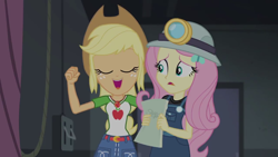 Size: 1280x720 | Tagged: safe, screencap, character:applejack, character:fluttershy, episode:opening night, g4, my little pony:equestria girls, fist, geode of super strength, script