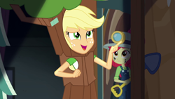 Size: 1280x720 | Tagged: safe, screencap, character:apple bloom, character:applejack, episode:opening night, g4, my little pony:equestria girls, apple tree, clothing, costume, opening night: applejack, tree, tree costume