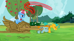 Size: 1440x815 | Tagged: safe, screencap, character:snails, character:snips, character:trixie, species:pony, species:unicorn, episode:magic duel, g4, my little pony: friendship is magic, alicorn amulet, amulet, apple tree, bucktooth, bullwhip, chariot, child abuse, colt, don't trust wheels, eyes closed, female, foal, glowing horn, harness, jewelry, magic, magic abuse, magic aura, male, mare, pulling, slavery, straining, tack, telekinesis, tree, trixie's fans, trixie's slaves, whip, whipping