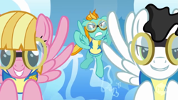 Size: 1411x793 | Tagged: safe, screencap, character:lightning dust, character:meadow flower, character:starry eyes, species:pegasus, species:pony, episode:wonderbolts academy, goggles, wonderbolt trainee uniform, y u no