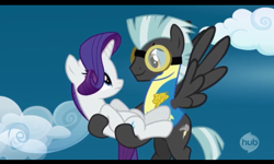 Size: 587x352 | Tagged: safe, screencap, character:rarity, character:thunderlane, species:pegasus, species:pony, species:unicorn, episode:wonderbolts academy, carrying, clothing, cloud, duo, female, flying, goggles, lead pony badge, male, mare, sky, stallion, uniform, wonderbolt trainee uniform