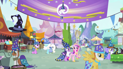 Size: 1280x720 | Tagged: safe, screencap, character:amethyst star, character:cloud kicker, character:orange blossom, character:ponet, character:prim posy, character:serena, character:sparkler, character:star swirl the bearded, species:alicorn, species:earth pony, species:pegasus, species:pony, species:unicorn, episode:three's a crowd, g4, my little pony: friendship is magic, background pony, banner, bell, cloak, clothing, costume, fair, fake beard, female, hat, male, mare, stallion, star swirl the bearded costume, warm front, wizard hat