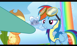Size: 588x356 | Tagged: safe, screencap, character:applejack, character:lightning dust, character:rainbow dash, species:pegasus, species:pony, episode:wonderbolts academy, clothing, derp, female, goggles, hooves, mare, out of context, rainbow waterfall, solo focus, uniform, wingpony badge, wonderbolt trainee uniform