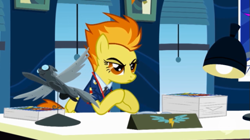 Size: 589x329 | Tagged: safe, screencap, character:spitfire, species:pegasus, species:pony, episode:wonderbolts academy, desk, lamp, office, paperwork, spitfire's eyebrows, window
