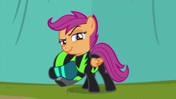 Size: 1280x720 | Tagged: safe, screencap, character:scootaloo, species:pegasus, species:pony, episode:the washouts, g4, my little pony: friendship is magic, female, filly, helmet, pint-sized dynamite, smug, solo, traitor, traitorloo, washouts uniform