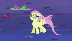 Size: 1280x720 | Tagged: safe, screencap, character:fluttershy, character:spring melody, character:sprinkle medley, character:white lightning, species:pegasus, species:pony, episode:hurricane fluttershy, g4, my little pony: friendship is magic, background pony, bons away, female, flying, goggles, mare, slipstream, smiling, standing up, tornado