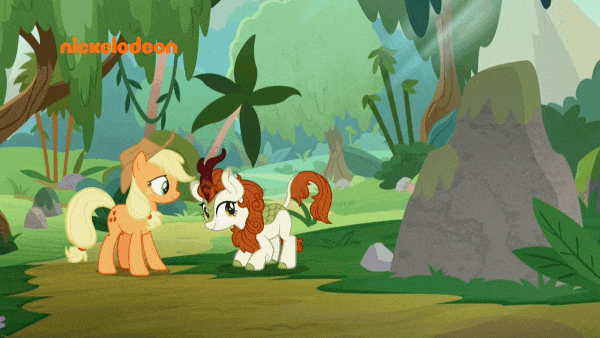 Size: 600x338 | Tagged: safe, screencap, character:applejack, character:autumn blaze, species:earth pony, species:kirin, species:pony, episode:sounds of silence, g4, my little pony: friendship is magic, animated, awwtumn blaze, cute, duo, female, gif, mare, nickelodeon, parkour, prancing, singing