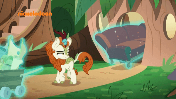 Size: 600x338 | Tagged: safe, screencap, character:autumn blaze, species:kirin, species:pony, episode:sounds of silence, g4, my little pony: friendship is magic, a kirin tale, animated, armchair, cloven hooves, couch, female, gif, loop, magic, magic aura, nickelodeon, nose in the air, silly, silly pony, solo, struggling, stuck, telekinesis