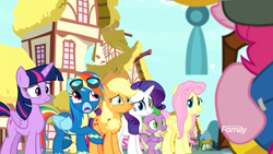 Size: 1920x1080 | Tagged: safe, screencap, character:applejack, character:fluttershy, character:pinkie pie, character:rainbow dash, character:rarity, character:spike, character:twilight sparkle, character:twilight sparkle (alicorn), species:alicorn, species:dragon, species:earth pony, species:pegasus, species:pony, species:unicorn, episode:yakity-sax, g4, my little pony: friendship is magic, :s, apprehensive, concerned, discovery family logo, female, helmet, honorary yak horns, horned helmet, mane seven, mane six, mare, messy mane, nervous, ponyville, viking helmet, wavy mouth, yovidaphone