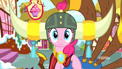Size: 1920x1080 | Tagged: safe, screencap, character:pinkie pie, species:earth pony, species:pony, episode:yakity-sax, g4, my little pony: friendship is magic, cloak, clothing, discovery family logo, female, frown, helmet, honorary yak horns, horned helmet, jewelry, looking at you, mare, necklace, ponyville, sad, staring into your soul, sugarcube corner, viking helmet, wide eyes, yovidaphone