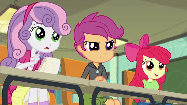Size: 720x404 | Tagged: safe, screencap, character:apple bloom, character:scootaloo, character:sweetie belle, species:pegasus, species:pony, episode:happily ever after party, g4, my little pony:equestria girls, adorabloom, animated, apple bloom's bow, bow, cute, cutealoo, cutie mark crusaders, diasweetes, excited, female, fist, gif, hair bow, happily ever after party: rarity, note, smiling, trio, trio female