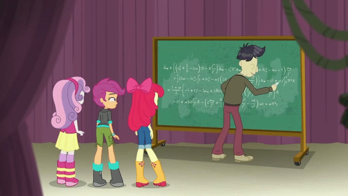 Size: 718x404 | Tagged: safe, screencap, character:apple bloom, character:cranky doodle donkey, character:scootaloo, character:sweetie belle, species:pegasus, species:pony, episode:happily ever after party, g4, my little pony:equestria girls, animated, boots, chalkboard, clothing, cutie mark crusaders, happily ever after party: rainbow dash, jeans, math, pants, shoes, skirt